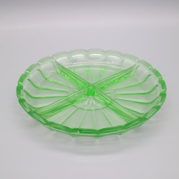 Vintage Green Uranium Depression Glass Divided Round Relish Tray/Plate Nut Dish - Picture 2 of 8